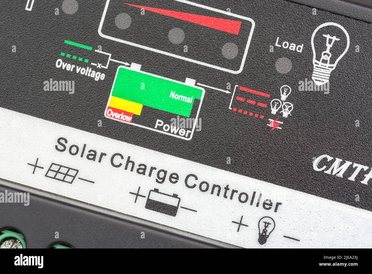 Macro close-up of the front of a Solar Power Controller used in solar charging. This model runs PWM / Pulse Width Modulation as opposed to MPPT type. Stock Photo