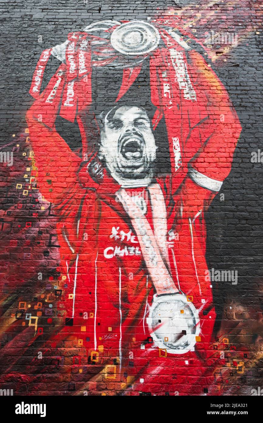 A vivid mural of Liverpool FC captain Jordan Henderson lifting the Premier League trophy in the 2019-20 season.  Seen in Anfield, Liverpool in June 20 Stock Photo