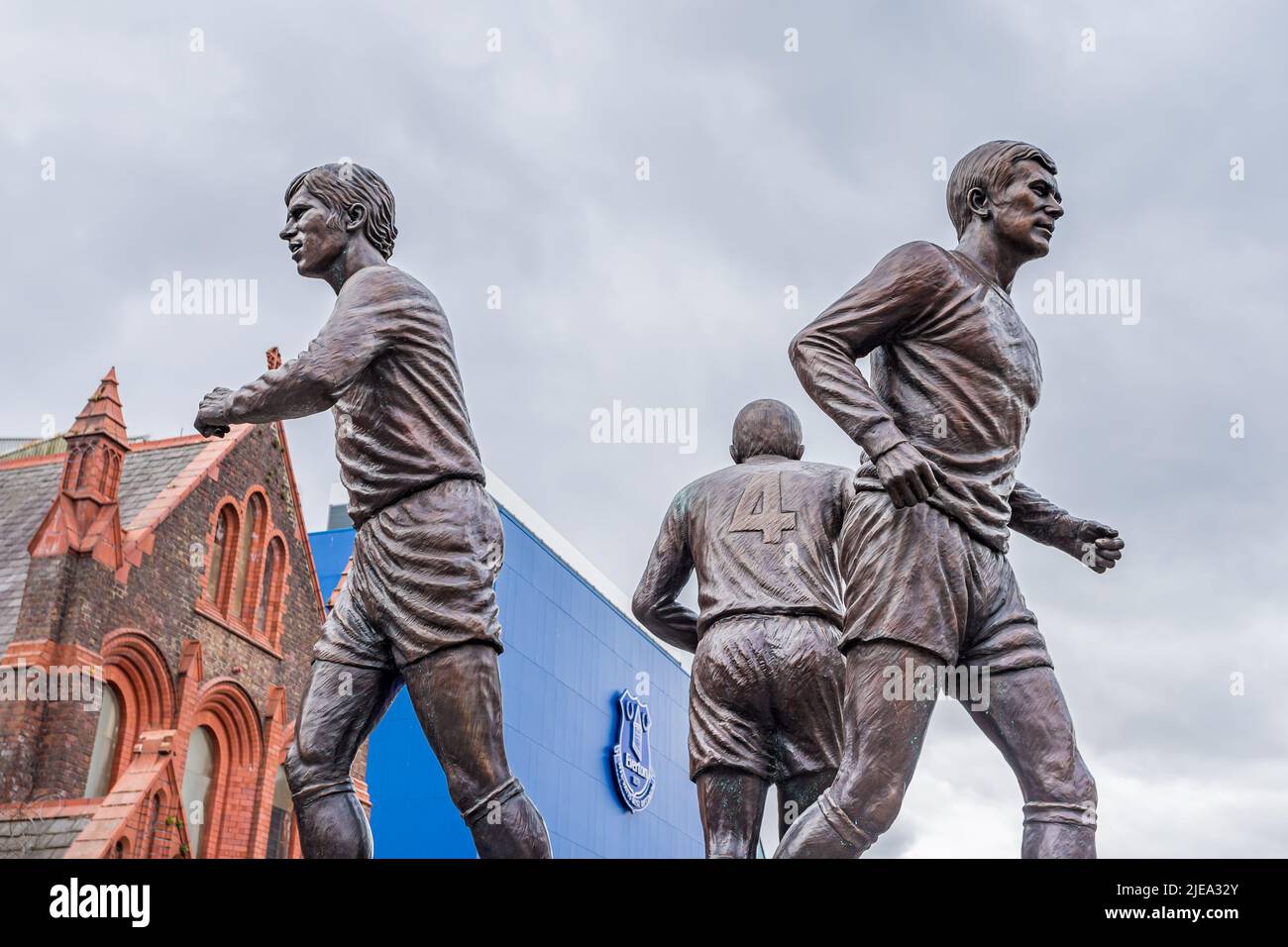 The Holy Trinity statue by Goodison Park seen in June 2022 in Liverpool featuring Everton Football Club legends Howard Kendall, Alan Ball, Colin Harve Stock Photo