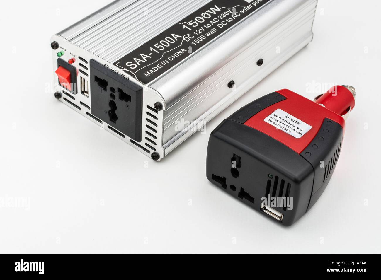 1500w / Watt DC to AC inverter unit made in China (L/H) & small red car  lighter inverter (R/H). Have 3-pin AC power socket + USB charging sockets  Stock Photo - Alamy