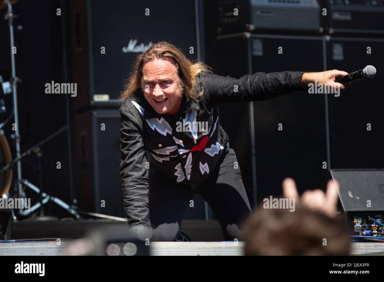 Oslo, Norway. 24th, June 2022. The Danish rock band D-A-D performs a live concert during the Norwegian music festival Tons of Rock 2022 in Oslo. Here vocalist and guitarist Jesper Binzer is seen live on stage. (Photo credit: Gonzales Photo - Per-Otto Oppi). Stock Photo