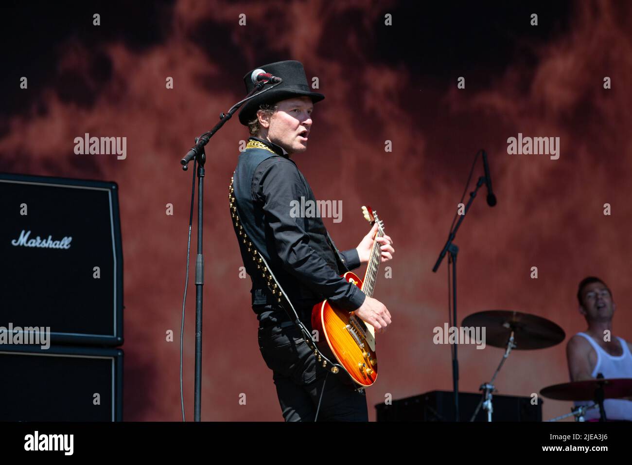 Oslo, Norway. 24th, June 2022. The Danish rock band D-A-D performs a live concert during the Norwegian music festival Tons of Rock 2022 in Oslo. Here guitarist Jacob Binzer is seen live on stage. (Photo credit: Gonzales Photo - Per-Otto Oppi). Stock Photo