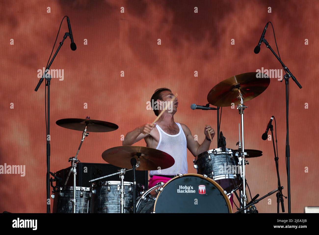 Oslo, Norway. 24th, June 2022. The Danish rock band D-A-D performs a live concert during the Norwegian music festival Tons of Rock 2022 in Oslo. Here drummer Laust Sonne is seen live on stage. (Photo credit: Gonzales Photo - Per-Otto Oppi). Stock Photo