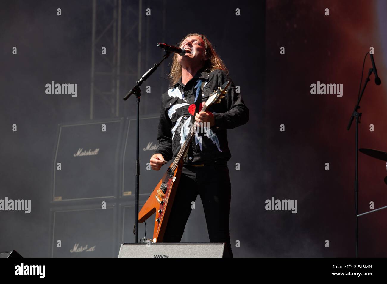 Oslo, Norway. 24th, June 2022. The Danish rock band D-A-D performs a live concert during the Norwegian music festival Tons of Rock 2022 in Oslo. Here vocalist and guitarist Jesper Binzer is seen live on stage. (Photo credit: Gonzales Photo - Per-Otto Oppi). Stock Photo