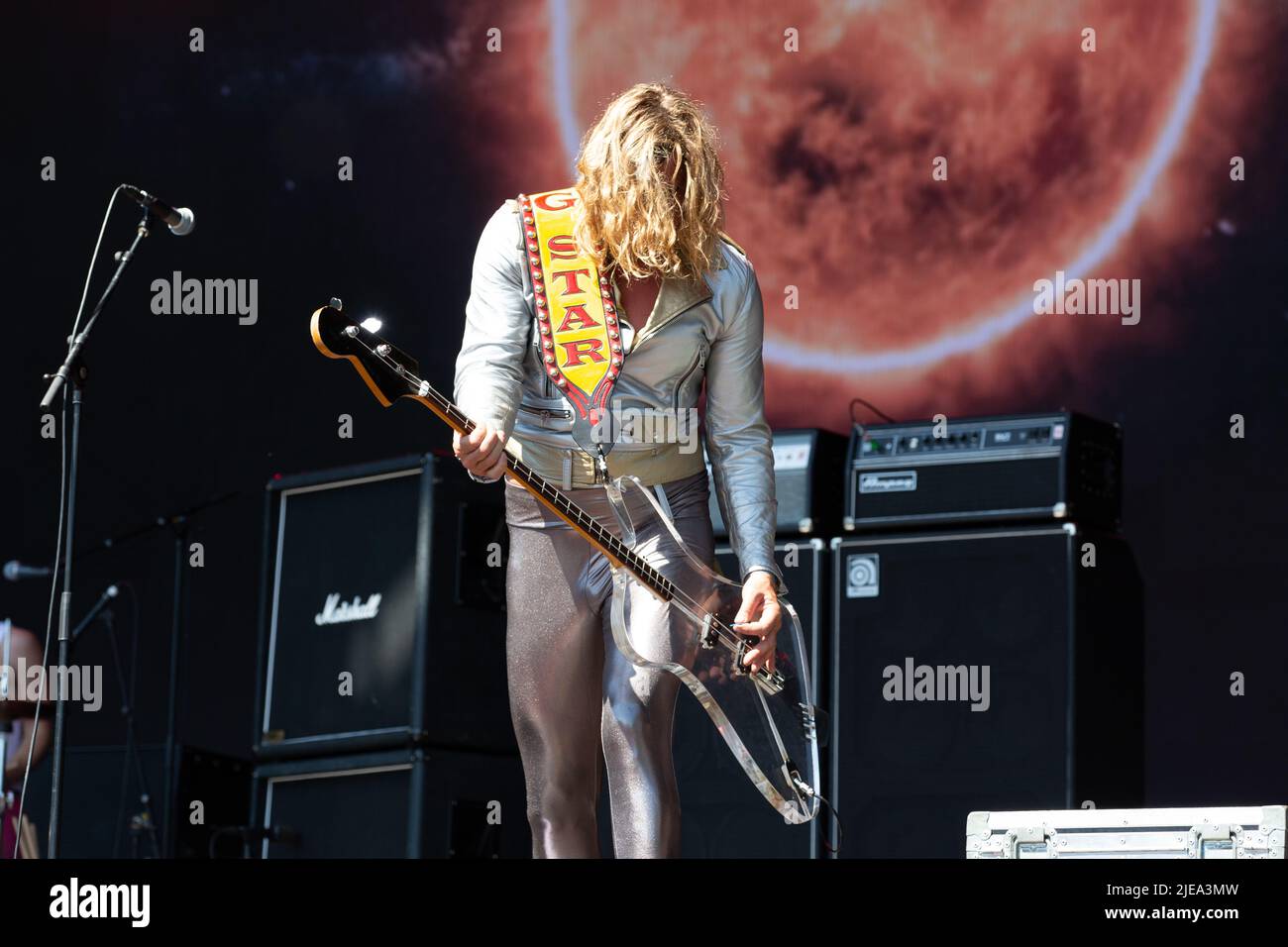 Oslo, Norway. 24th, June 2022. The Danish rock band D-A-D performs a live concert during the Norwegian music festival Tons of Rock 2022 in Oslo. Here bass player Stig Pedersen is seen live on stage. (Photo credit: Gonzales Photo - Per-Otto Oppi). Stock Photo
