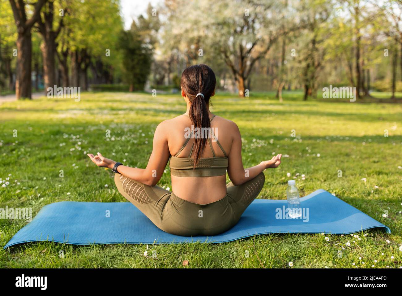 Back view of young black woman meditating in lotus pose, doing morning yoga practice, sitting on sports mat outdoors Stock Photo