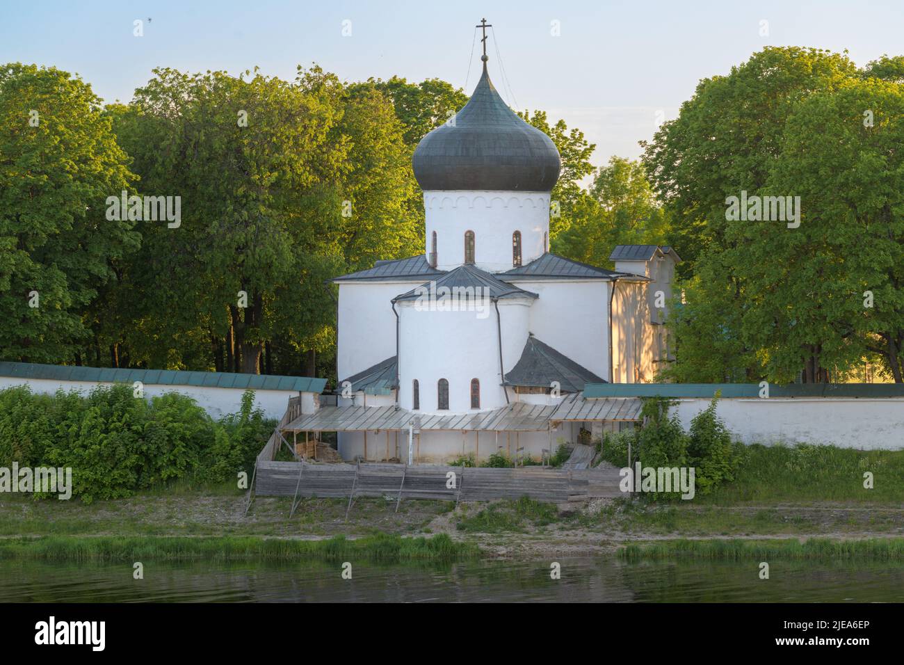 Transfiguration Cathedral on Spaso-Preobrazhenskiy Mirozhskiy Male Monastery. Pskov. Russia Stock Photo