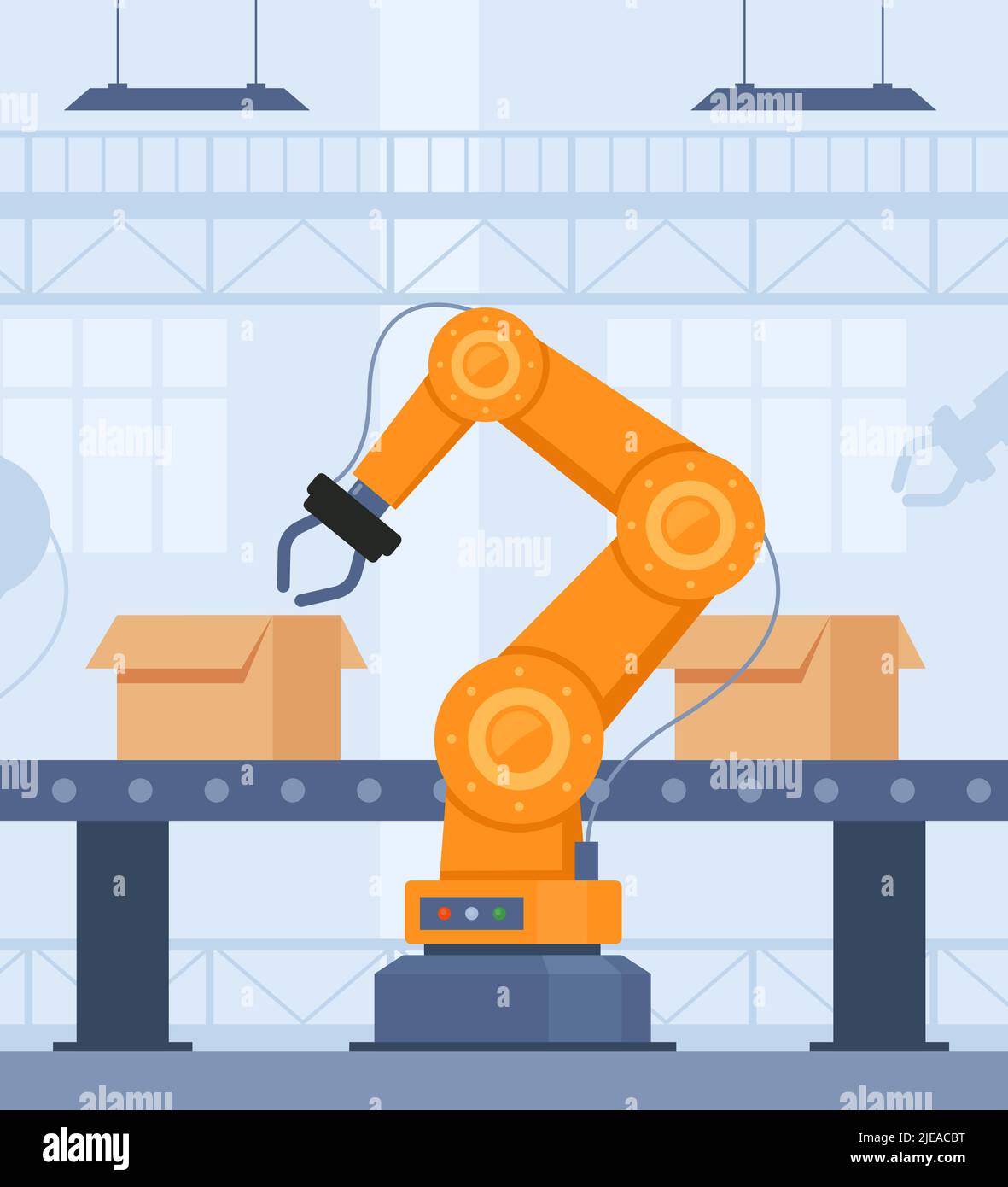 Automation production line with robot technologies. Robotic arms collect goods in boxes. Vector illustration Stock Vector