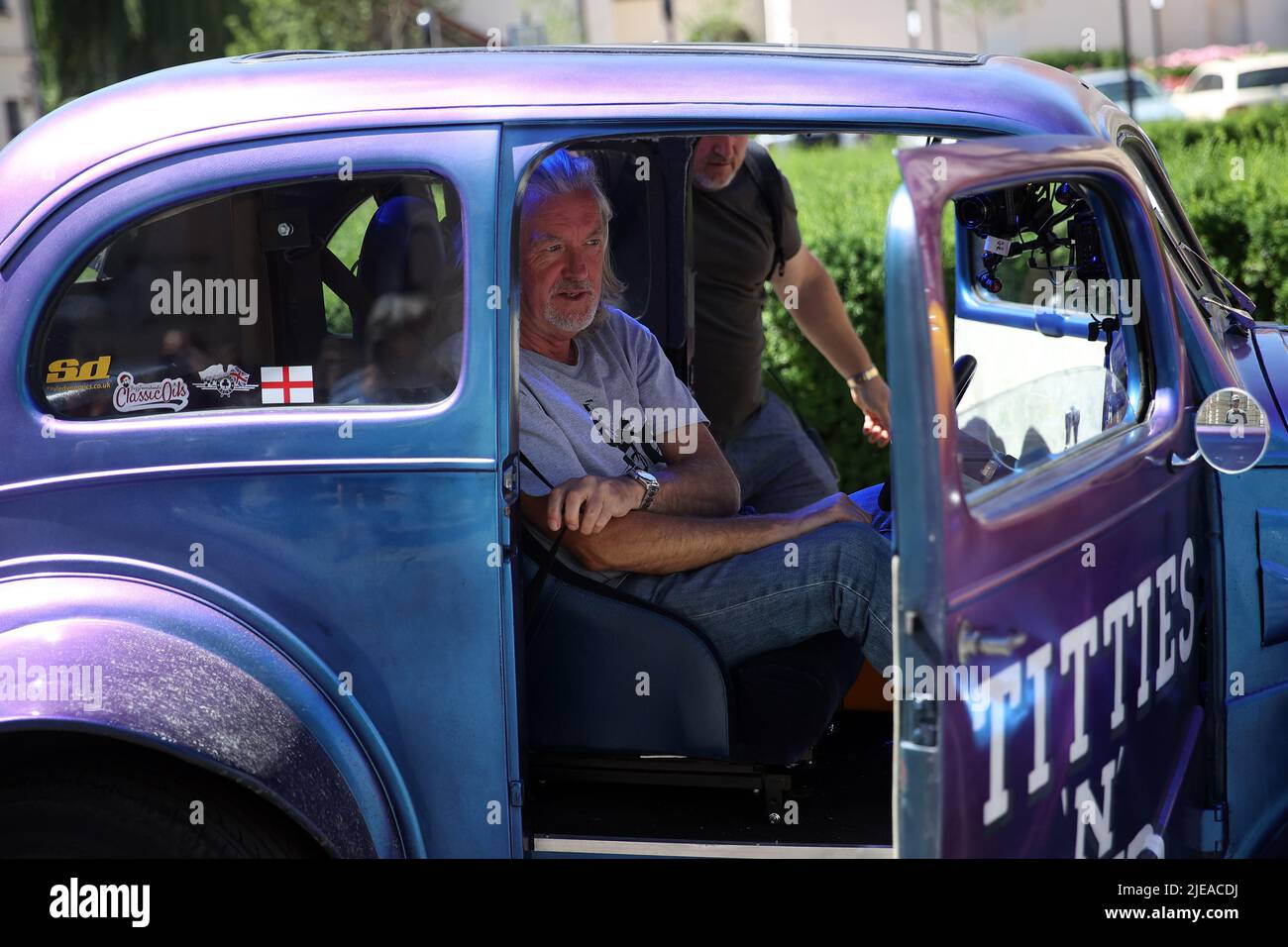 The Grand Tour star, Jeremy Clarkson, sits in a vintage car in Cracow, Poland, while on tour filming the show. The Grand Tour is a British motoring television series, created by Jeremy Clarkson, Richard Hammond, James May, and Andy Wilman, made for Amazon exclusively for its online streaming service Amazon Prime Video which premiered in 2016. The programme was conceived in the wake of the departure of Clarkson, Hammond, May and Wilman from the BBC series Top Gear. (Photo by Vito Corleone / SOPA Images/Sipa USA) Stock Photo