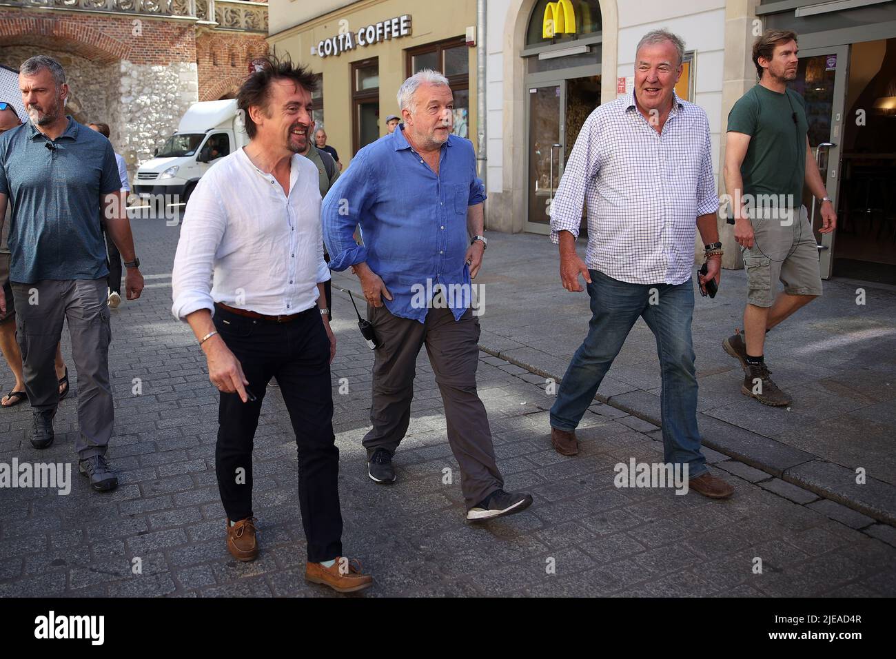 The Grand Tour stars, Jeremy Clarkson, Richard Hammond and James May, visit Cracow, Poland, while on tour filming the show. The Grand Tour is a British motoring television series, created by Jeremy Clarkson, Richard Hammond, James May, and Andy Wilman, made for Amazon exclusively for its online streaming service Amazon Prime Video which premiered in 2016. The programme was conceived in the wake of the departure of Clarkson, Hammond, May and Wilman from the BBC series Top Gear. (Photo by Vito Corleone / SOPA Images/Sipa USA) Stock Photo