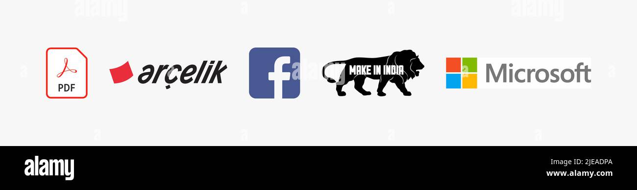 Technology logo bundle: Microsoft logo, Make in India logo, Arcelik logo, Facebook logo, Acrobat File PDF logo, Technology logo vector illustration. Stock Vector