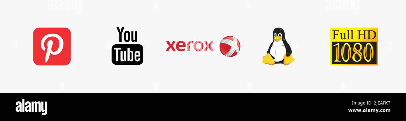 Technology logo bundle: Full HD 1080 logo, Pinterest logo, YouTube Black logo, Xerox 2008 logo, Linux Tux logo, Technology logo vector illustration. Stock Vector