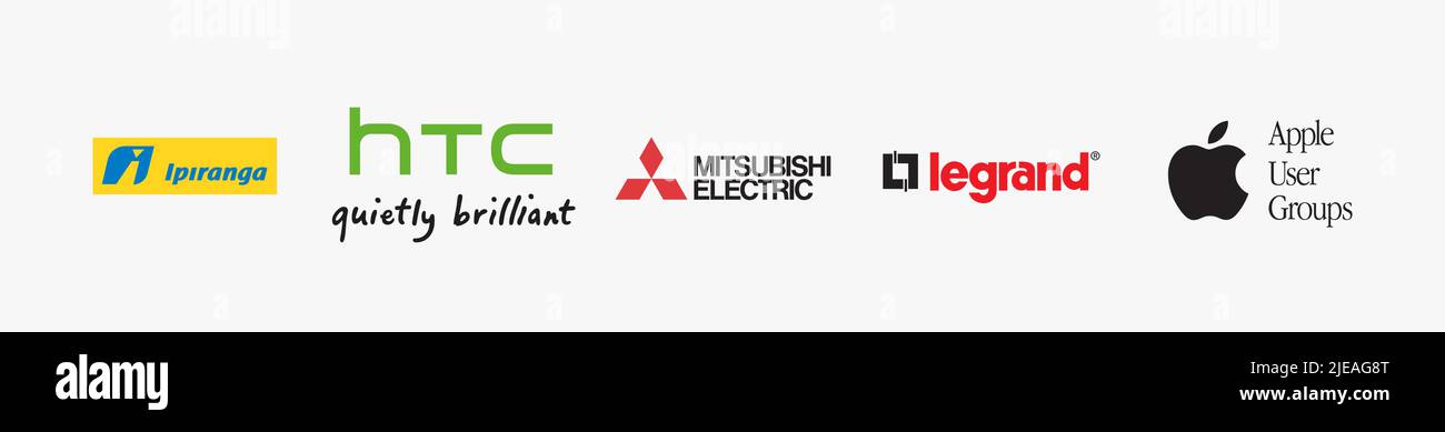 Technology logo bundle: Mitsubishi Electric logo, Apple User Groups logo, Legrand logo, Ipiranga logo, HTC logo, Technology logo vector illustration. Stock Vector