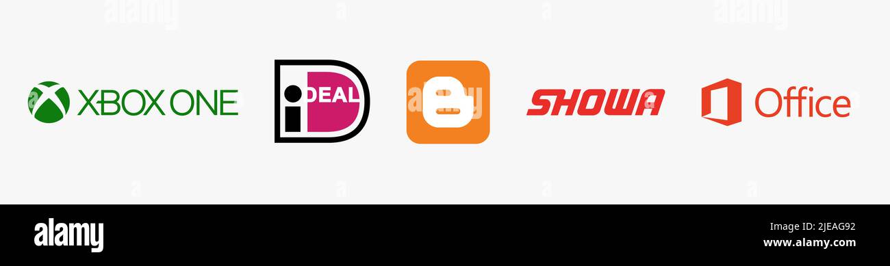 Technology logo bundle: XBOX ONE logo, Blogger B logo, Showa logo, Microsoft Office 365 logo, iDeal betalen logo, Technology logo vector illustration. Stock Vector