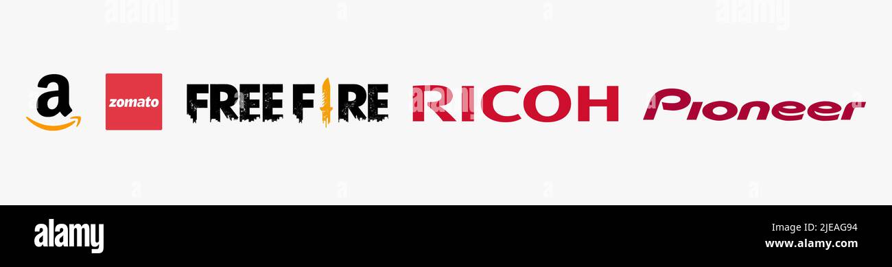 Technology logo bundle: Ricoh logo, Zomato logo, Amazon Icon logo, Free Fire logo, Pioneer logo, Technology logo vector illustration. Stock Vector