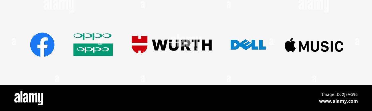 Technology logo bundle: Facebook New 2019 logo, Wurth logo, Oppo Phones logo, Apple Music logo, Dell logo, Technology logo vector illustration. Stock Vector