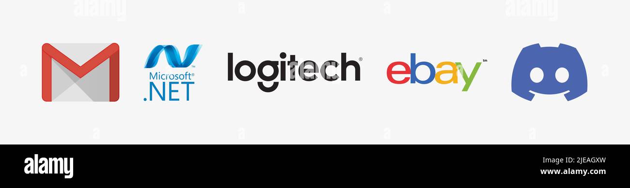 Technology logo bundle: eBay logo, Google Gmail logo, Logitech logo, Microsoft .NET logo, Discord Color logo, Technology logo vector illustration. Stock Vector