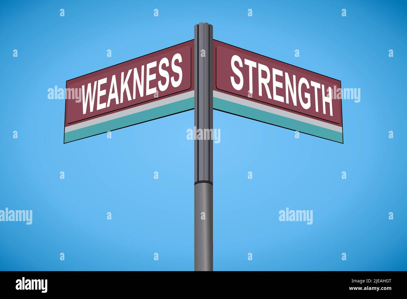 Weakness on one side with Strength another direction, chrome road sign, with read and green direction arrow labels, Bluish Cyan Background. Stock Vector