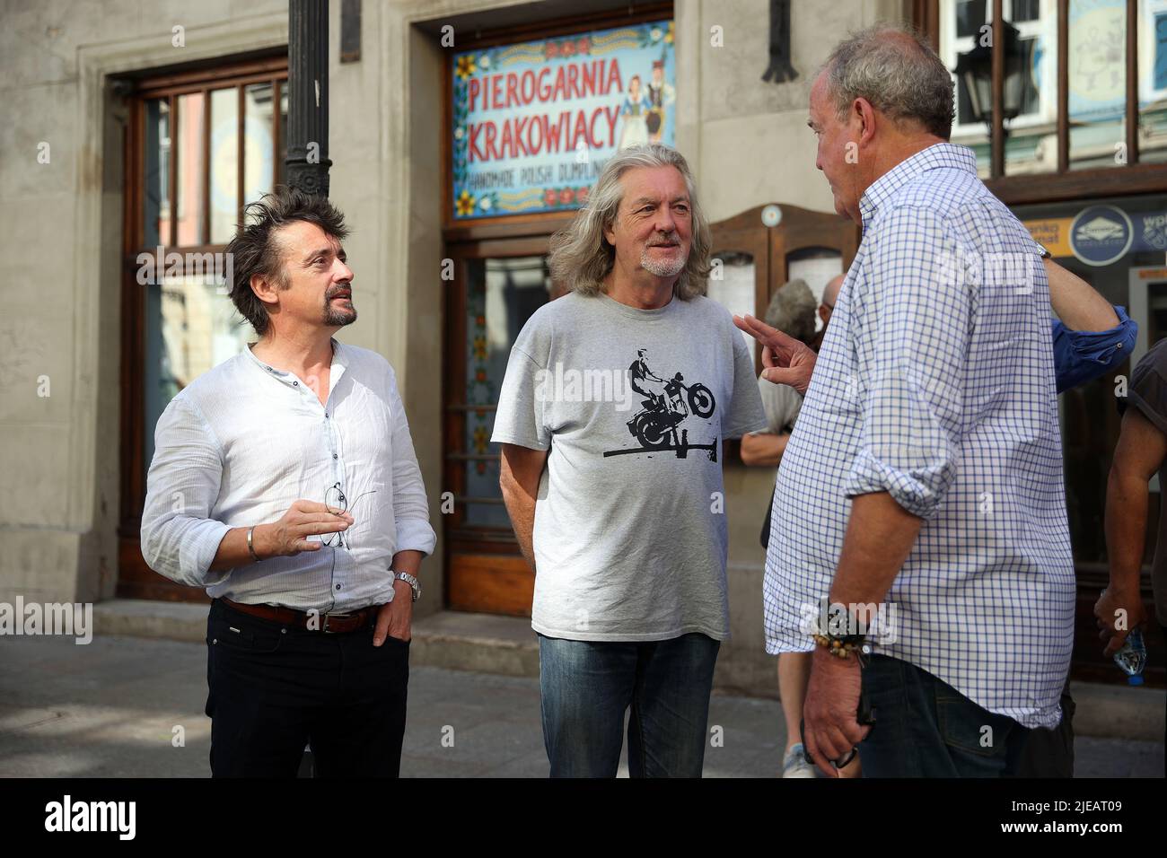 Krakow, Poland. 24th June, 2022. The Grand Tour stars, Jeremy Clarkson,  Richard Hammond and James May, visit Cracow, Poland, while on tour filming  the show. The Grand Tour is a British motoring