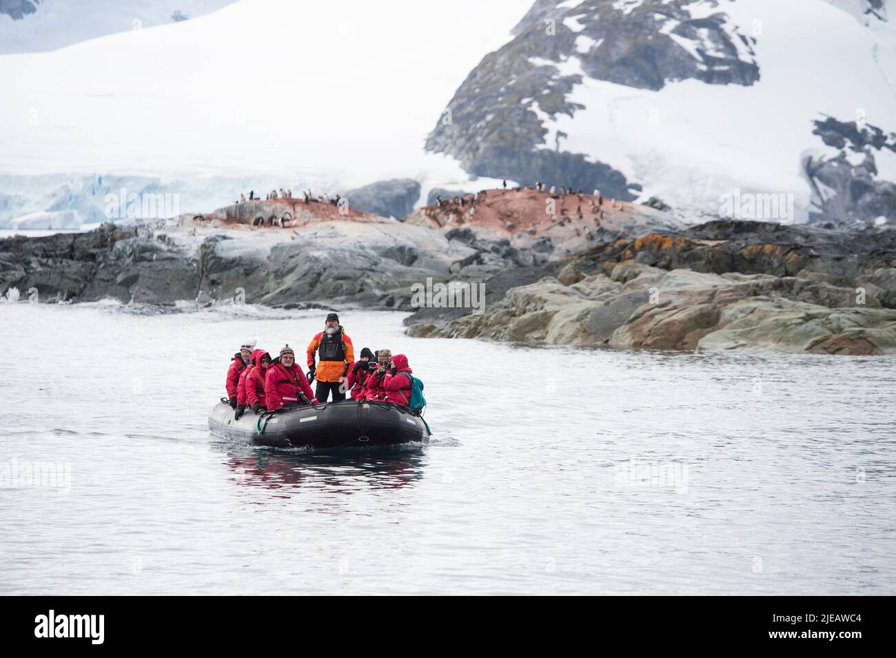 Tourists landing on the Yalour Islands in the Antarctic Peninsula Stock Photo