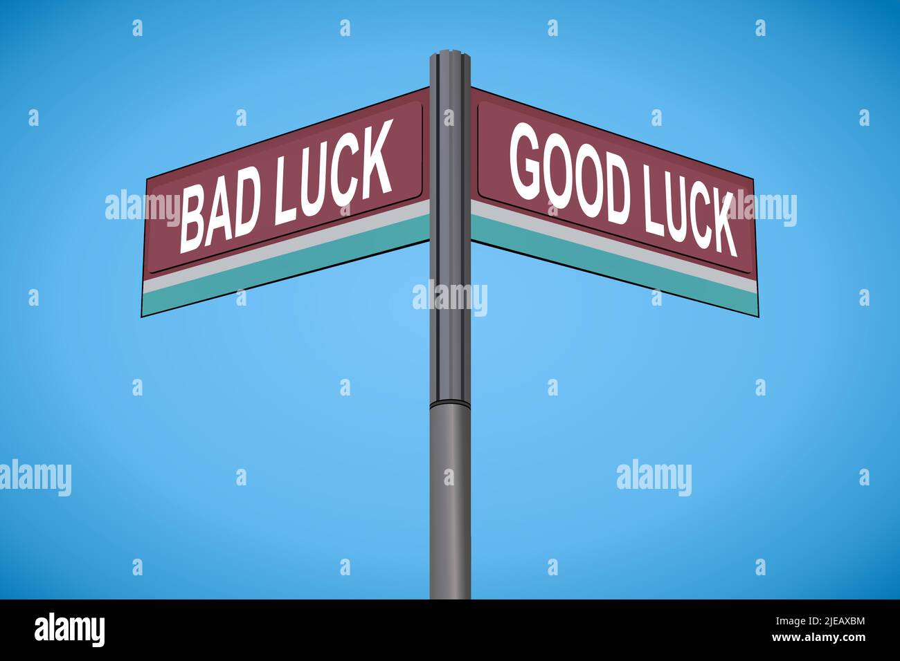 Bad Luck on one side with Good Luck another direction, chrome road sign, with read and green direction arrow labels, Bluish Cyan Background. Stock Vector