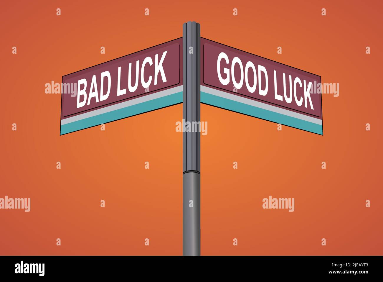 Bad Luck on one side with Good Luck another direction, chrome road sign, with read and green direction arrow labels, Halloween Orange Background. Stock Vector
