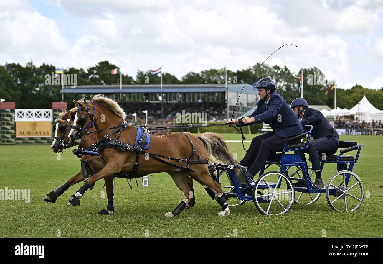 Hassocks, UK. 26th June, 2022. 26 June 2022. The Al Shira'aa Hickstead Derby Meeting. James Starr (GBR) with Thunder & Lightning during the Osborne Refrigerators Double Harnass Scurry. Credit: Sport In Pictures/Alamy Live News Stock Photo