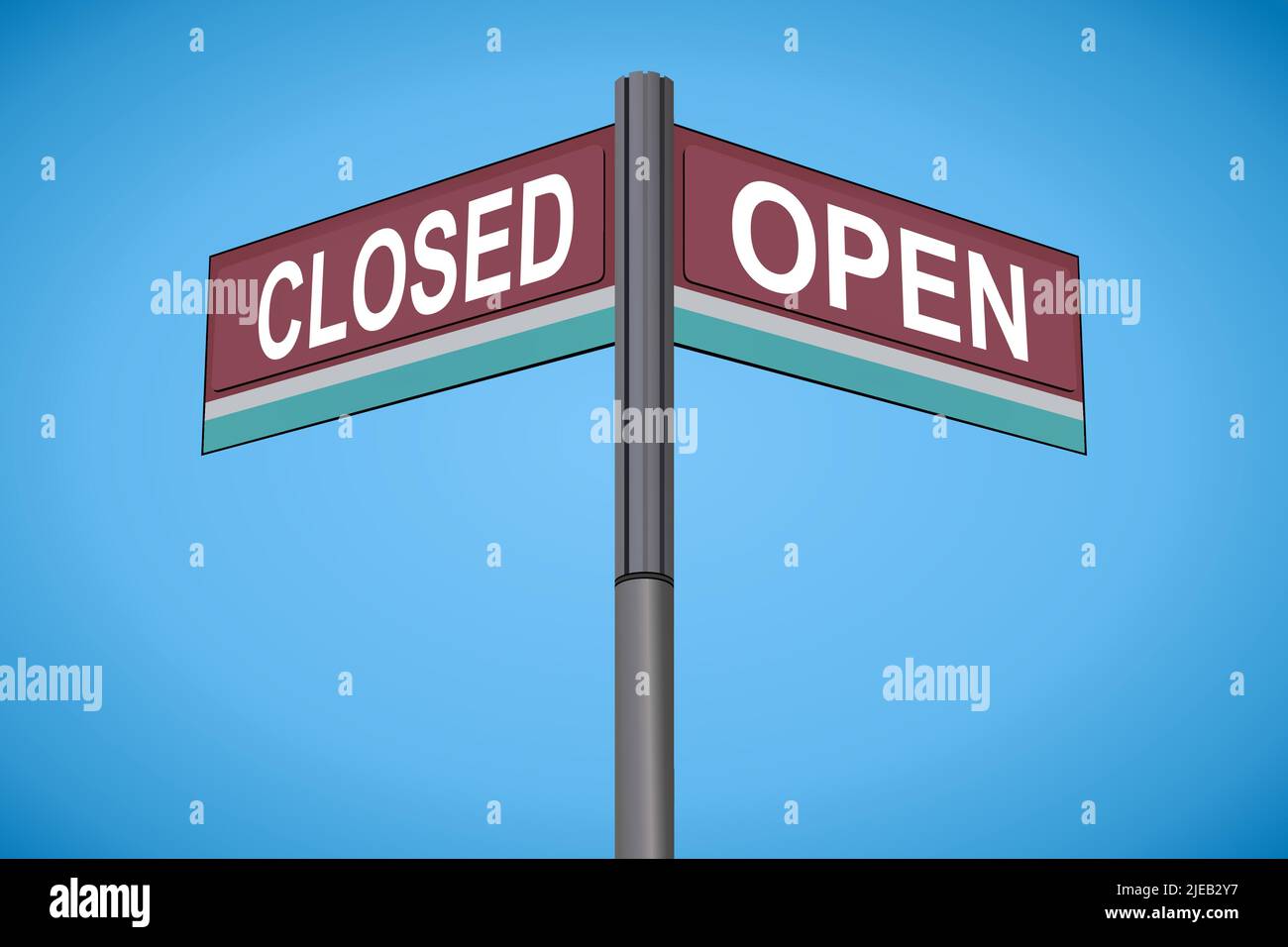 Closed on one side with Open another direction, chrome road sign, with read and green direction arrow labels, Bluish Cyan Background. Stock Vector