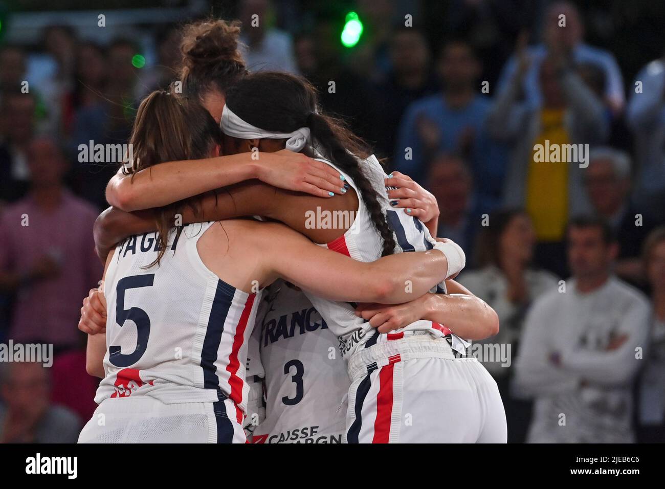 French Myriam Djekoundade, French Hortense Limouzin, French Laetitia Guapo and French Hortense Limouzin celebrate after winning a 3x3 basketball game between France and Canada, in the Women's final at the FIBA 2022 world cup, Sunday 26 June 2022, in Antwerp. The FIBA 3x3 Basket World Cup 2022 takes place from 21 to 26 June in Antwerp. BELGA PHOTO DIRK WAEM Stock Photo
