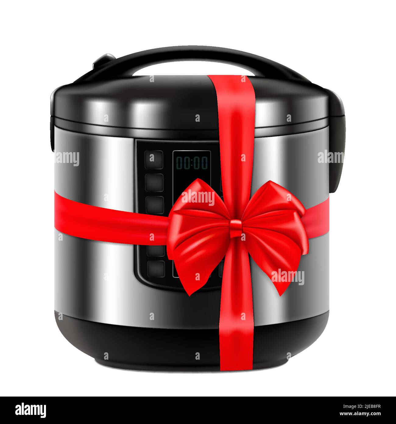 Multicooker with red ribbon and bow. 3D rendering. Gift concept. Realistic vector illustration isolated on white background Stock Vector