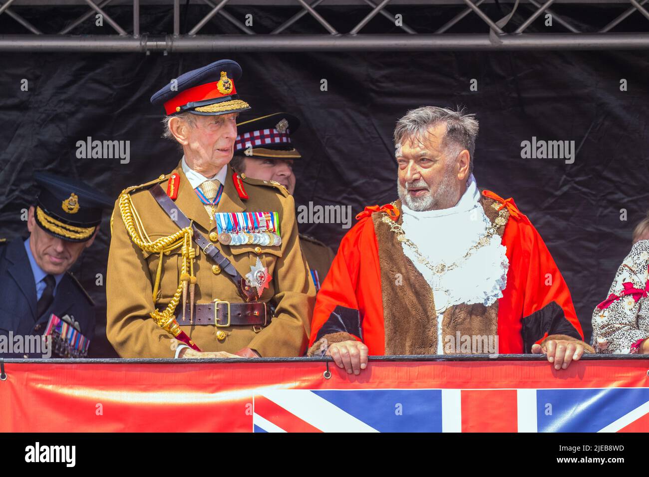 HRHPrince Edward The Duke of Kent pictured with the Mayor of Scarborough during the Armed Forces Day national event in Scarborough,North Yorkshire Stock Photo