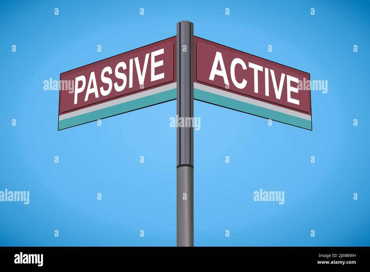 Passive on one side with Active another direction, chrome road sign, with read and green direction arrow labels, Bluish Cyan Background. Stock Vector