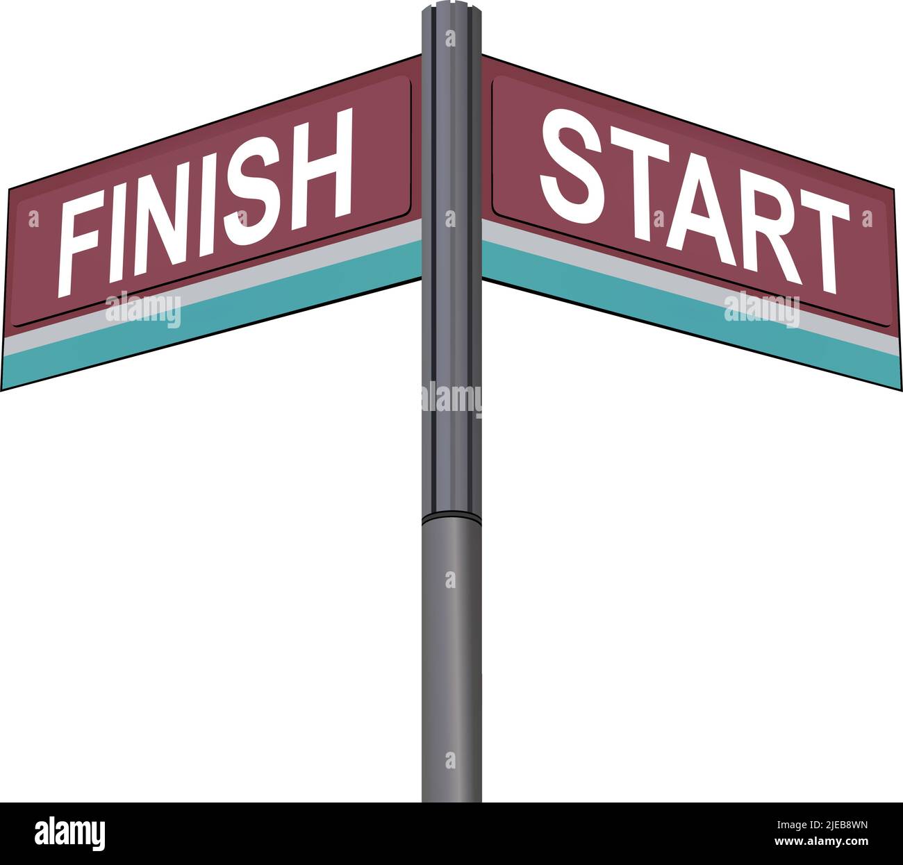 Finish on one side with Start another direction, chrome road sign, with read and green direction arrow labels, White Background. Stock Vector