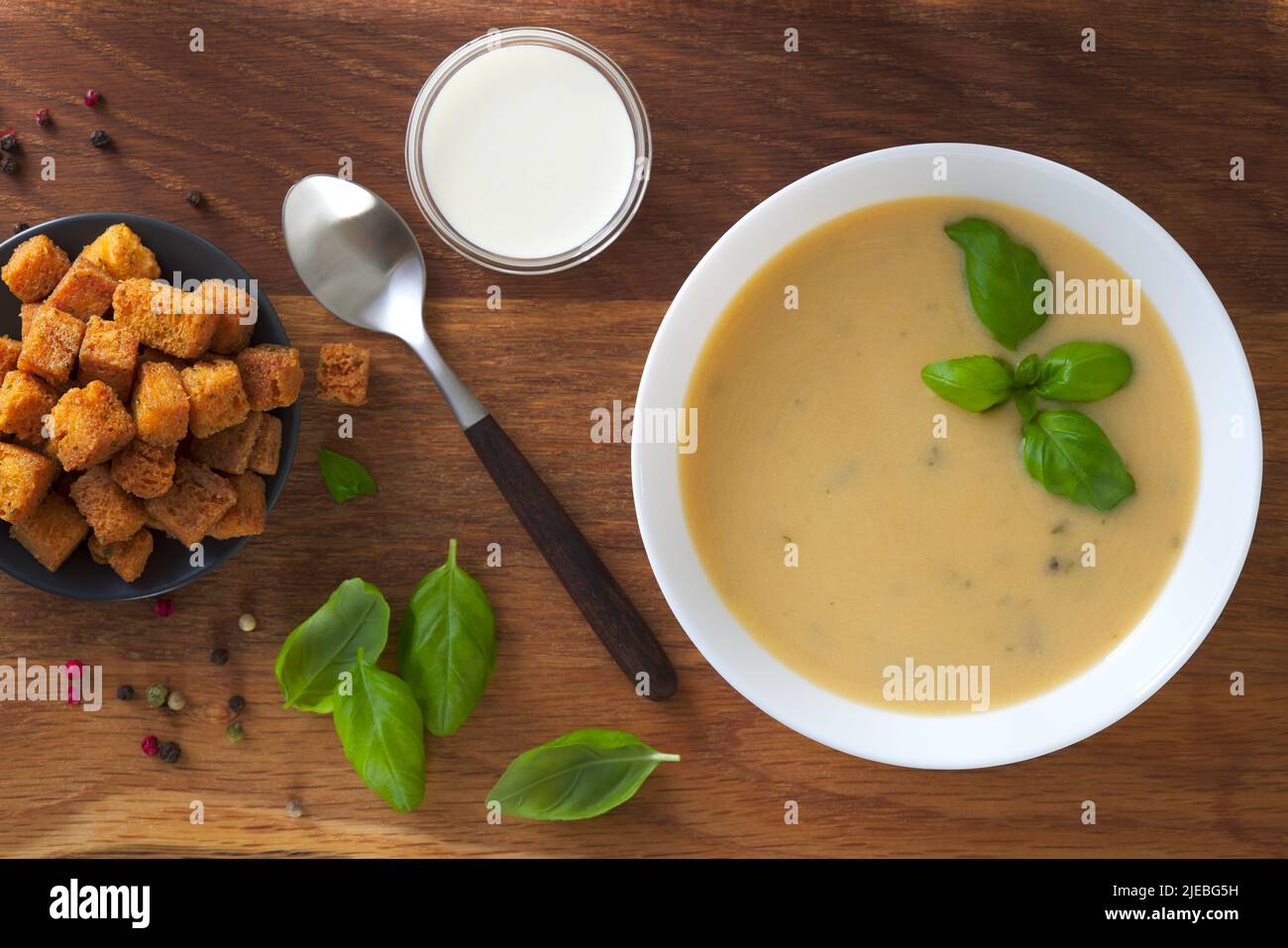 Mushroom cream soup with croutons - top view Stock Photo