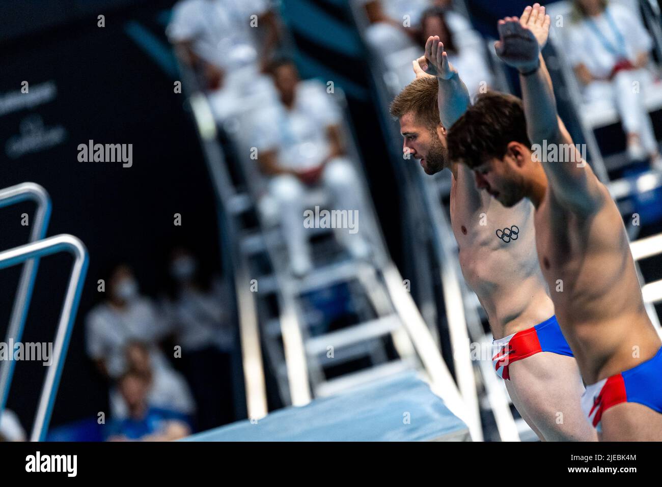 Budapest, Hungary. 26th June, 2022. BOUYER Jules FRA, JANDARD Alexis FRA3m Synchro Springboard Men Final Diving FINA 19th World Championships Budapest 2022 Budapest, Duna Arena 26/06/22 Photo Andrea Staccioli/Deepbluemedia/Insidefoto Credit: insidefoto srl/Alamy Live News Stock Photo