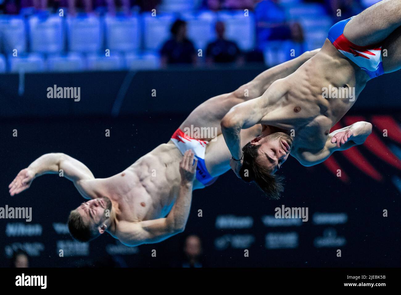 Budapest, Hungary. 26th June, 2022. BOUYER Jules FRA, JANDARD Alexis FRA3m Synchro Springboard Men Final Diving FINA 19th World Championships Budapest 2022 Budapest, Duna Arena 26/06/22 Photo Andrea Staccioli/Deepbluemedia/Insidefoto Credit: insidefoto srl/Alamy Live News Stock Photo