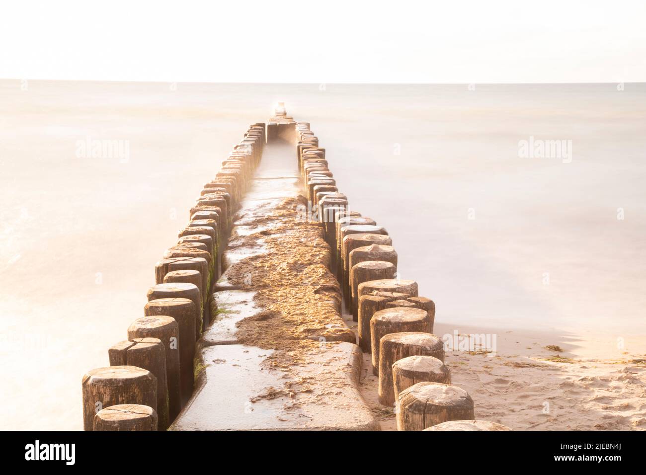 Wooden groynes in the water of the Baltic Sea by the beach Stock Photo