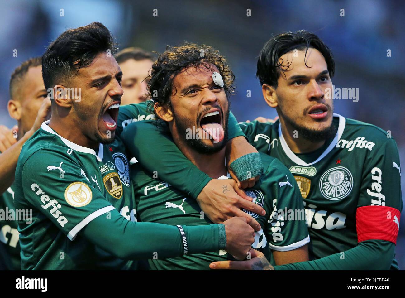 Florianopolis, Brazil. 26th June, 2022. Gustavo Scarpa do Palmeiras celebrates his goal with Gabriel Menino and Gustavo Gomez during the match between Avai and Palmeiras, for the 14th round of the Campeonato Brasileiro Serie A 2022, at Estadio da Ressacada this Sunday 26. (Heuler Andrey/SPP) Credit: SPP Sport Press Photo. /Alamy Live News Stock Photo