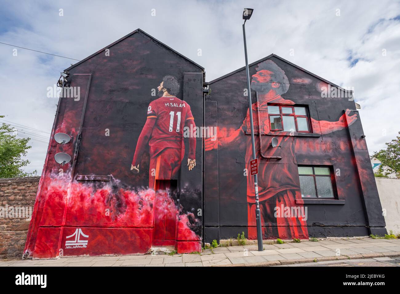 Mohamed Salah mural seen on Anfield Road in June 2022 by Anfield stadium, home of Liverpool Football Club. Stock Photo
