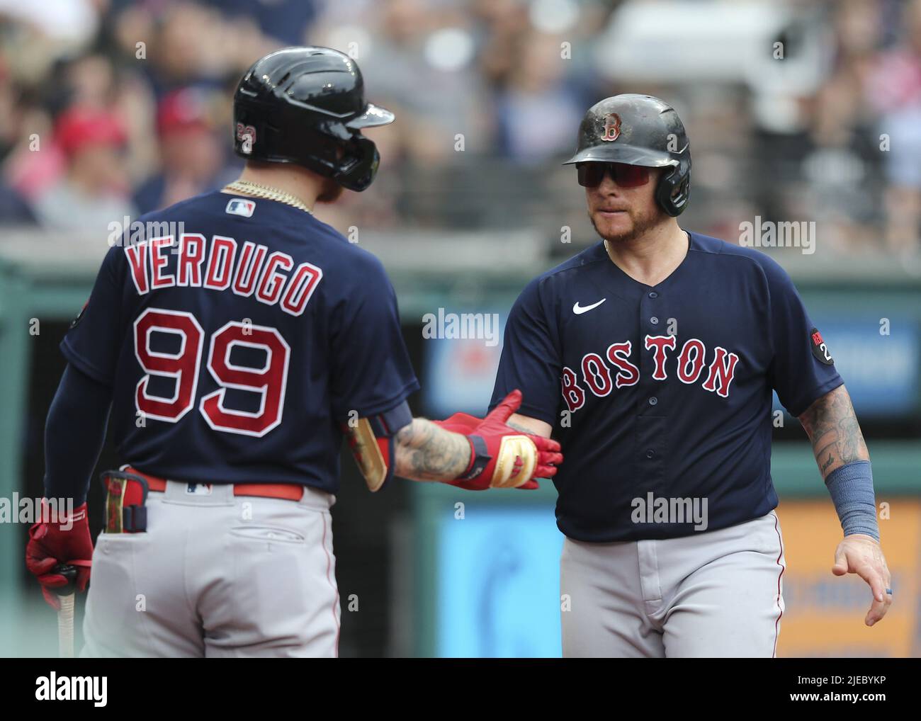 Cleveland, United States. 26th June, 2022. Boston Red Sox Christian Vazquez (7) is greeted by Alex Verdugo after scoring in the fourth inning against the Cleveland Guardians at Progressive Field in Cleveland, Ohio on Sunday, June 26, 2022. Photo by Aaron Josefczyk/UPI Credit: UPI/Alamy Live News Stock Photo