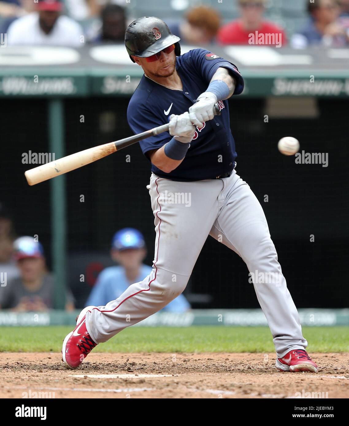 Cleveland, United States. 26th June, 2022. Boston Red Sox Christian Vazquez (7) hits a RBI double in the fourth inning against the Cleveland Guardians at Progressive Field in Cleveland, Ohio on Sunday, June 26, 2022. Photo by Aaron Josefczyk/UPI Credit: UPI/Alamy Live News Stock Photo