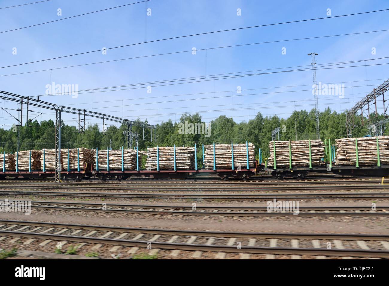 Timber cars on the tails of Finnish National Railways, Valtion Rautatiet, Finland Stock Photo