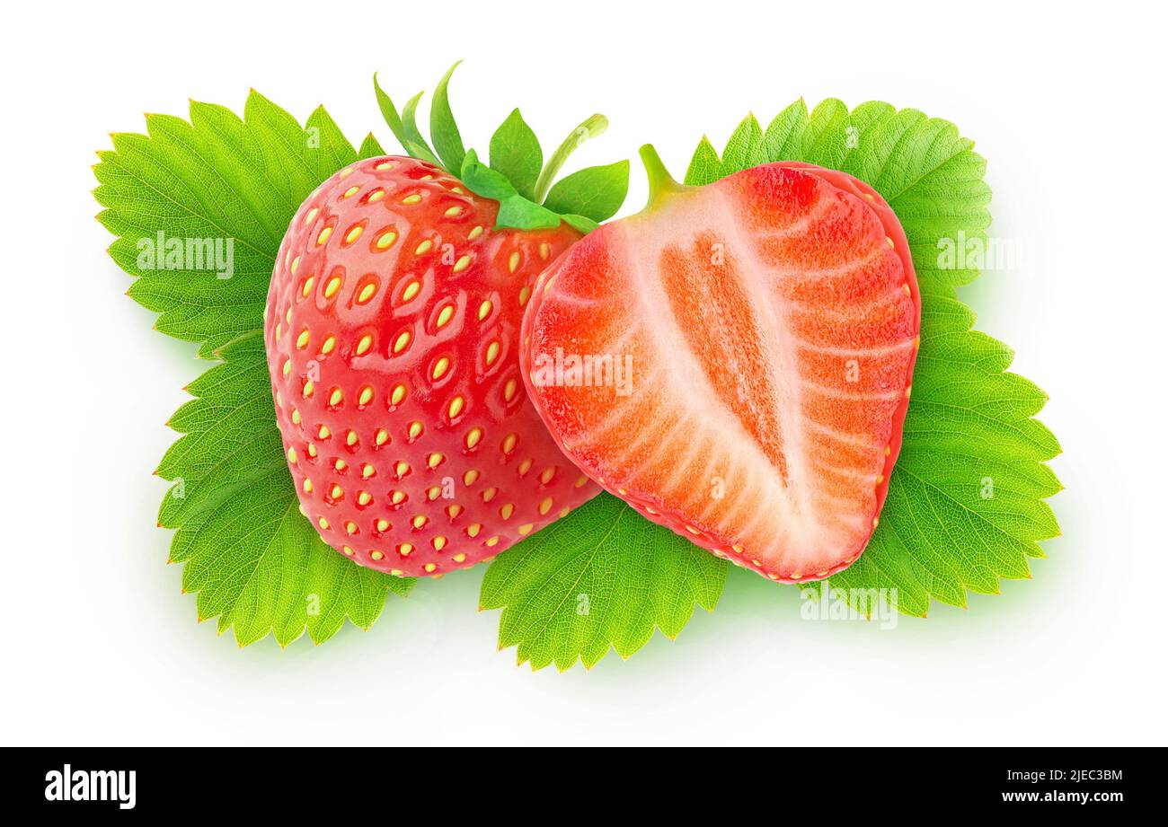 Isolated strawberries. Strawberry fruit cut in half isolated on white