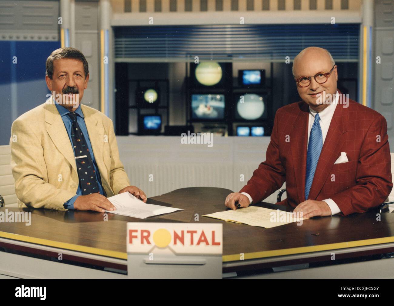 German journalists Ulrich Kienzle and Bodo H. Hauser in the TV program Frontal, Germany 1993 Stock Photo
