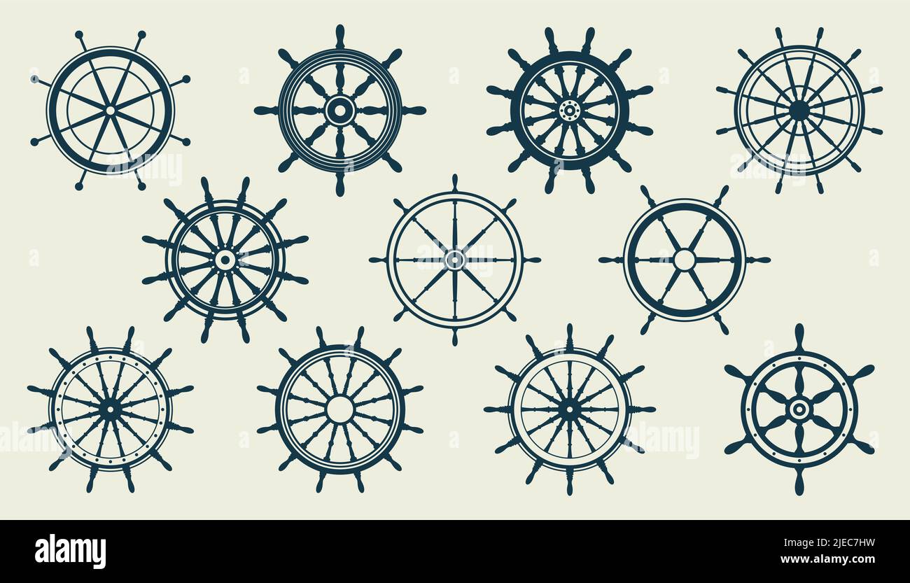 Collection of vintage steering wheels. Ship, yacht retro wheel symbol ...