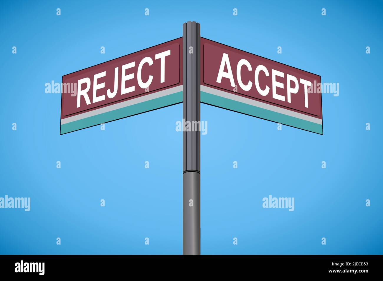 Reject on one side with Accept another direction, chrome road sign, with read and green direction arrow labels, Bluish Cyan Background. Stock Vector