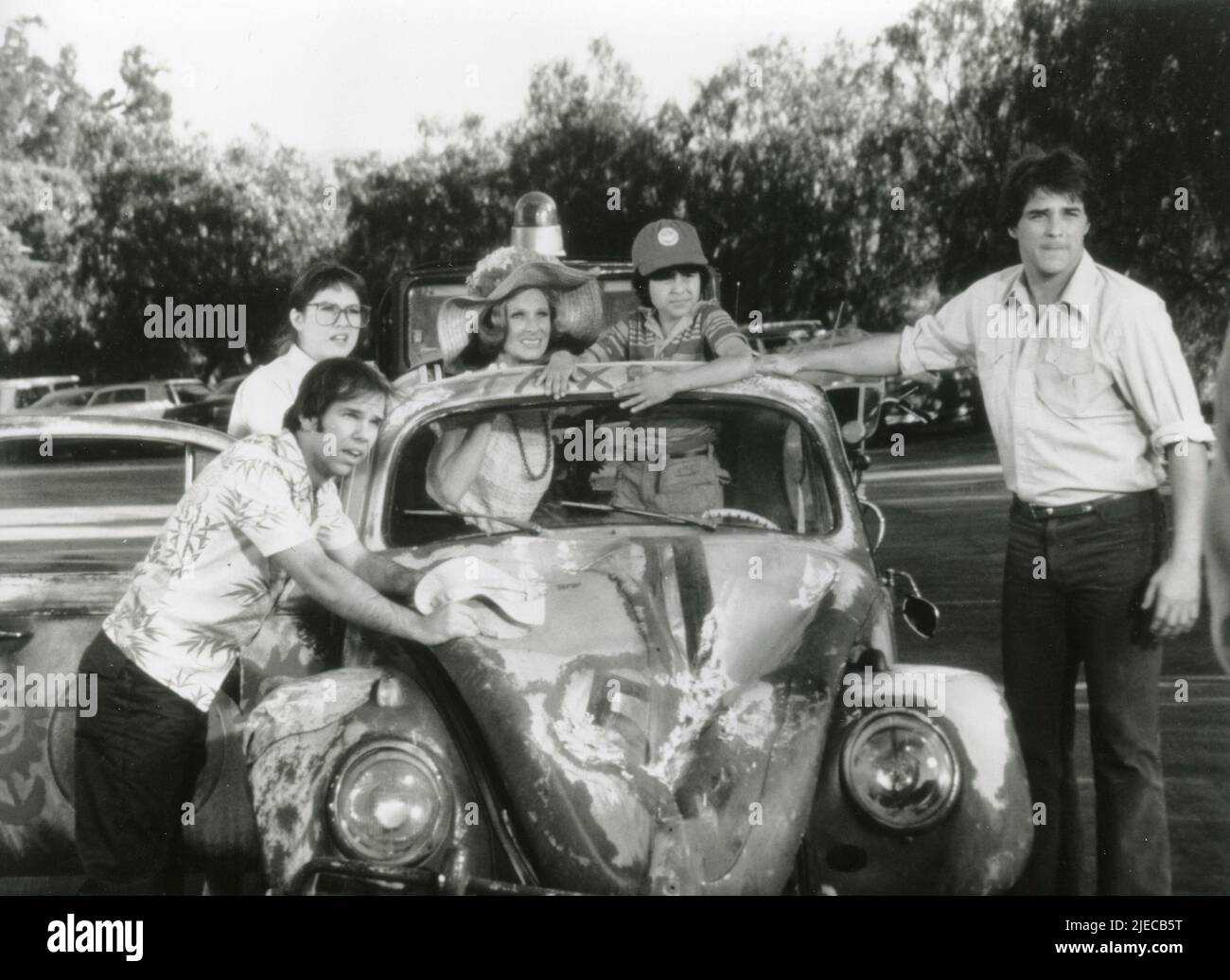 American actors Charles Martin Smith, Elyssa Davalos, Cloris Leachman, Joaquin Garay III, and Stephan W. Burns in the movie Herbie Goes Bananas, USA 1980 Stock Photo