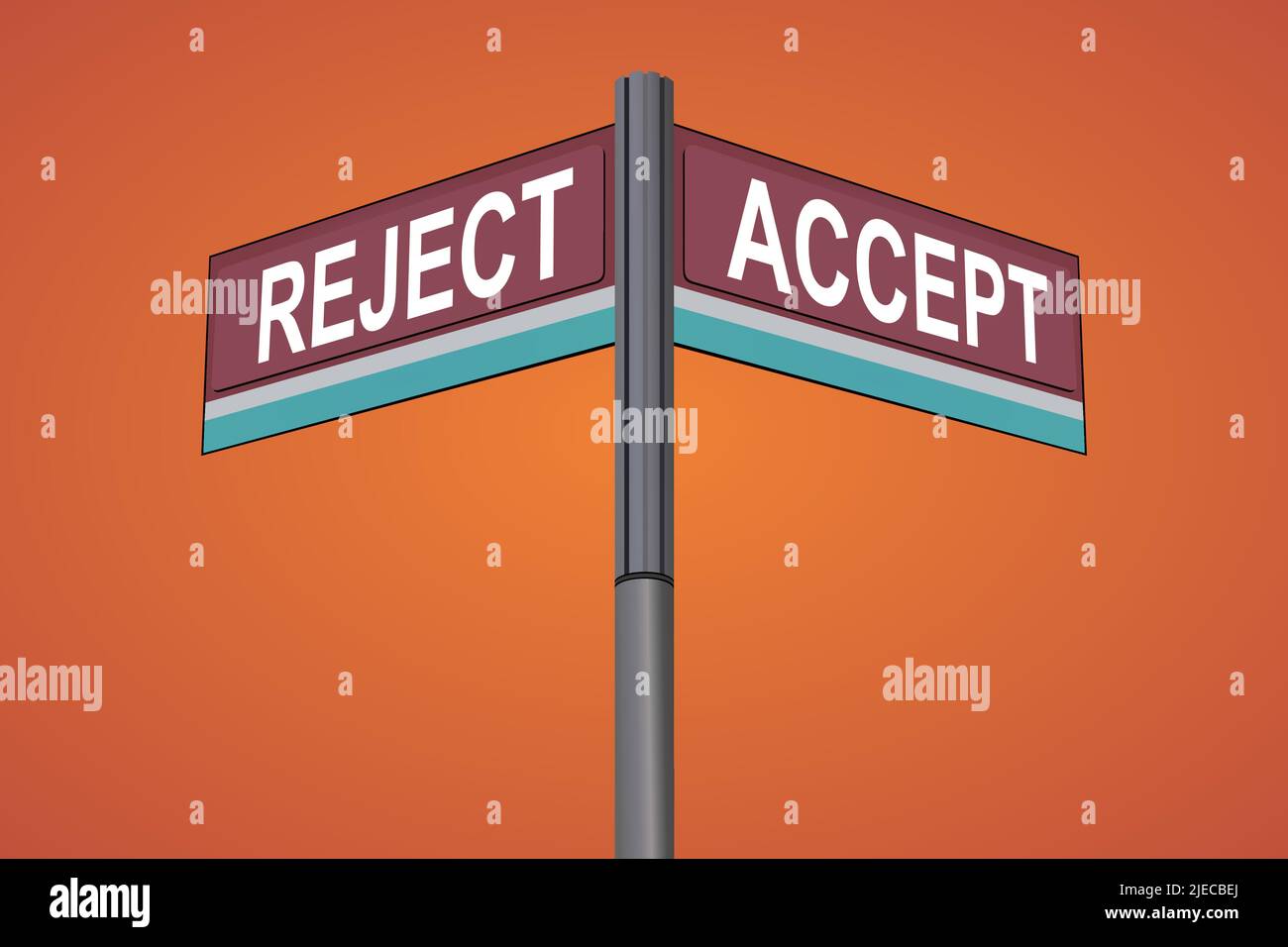 Reject on one side with Accept another direction, chrome road sign, with read and green direction arrow labels, Bluish Cyan Background. Stock Vector