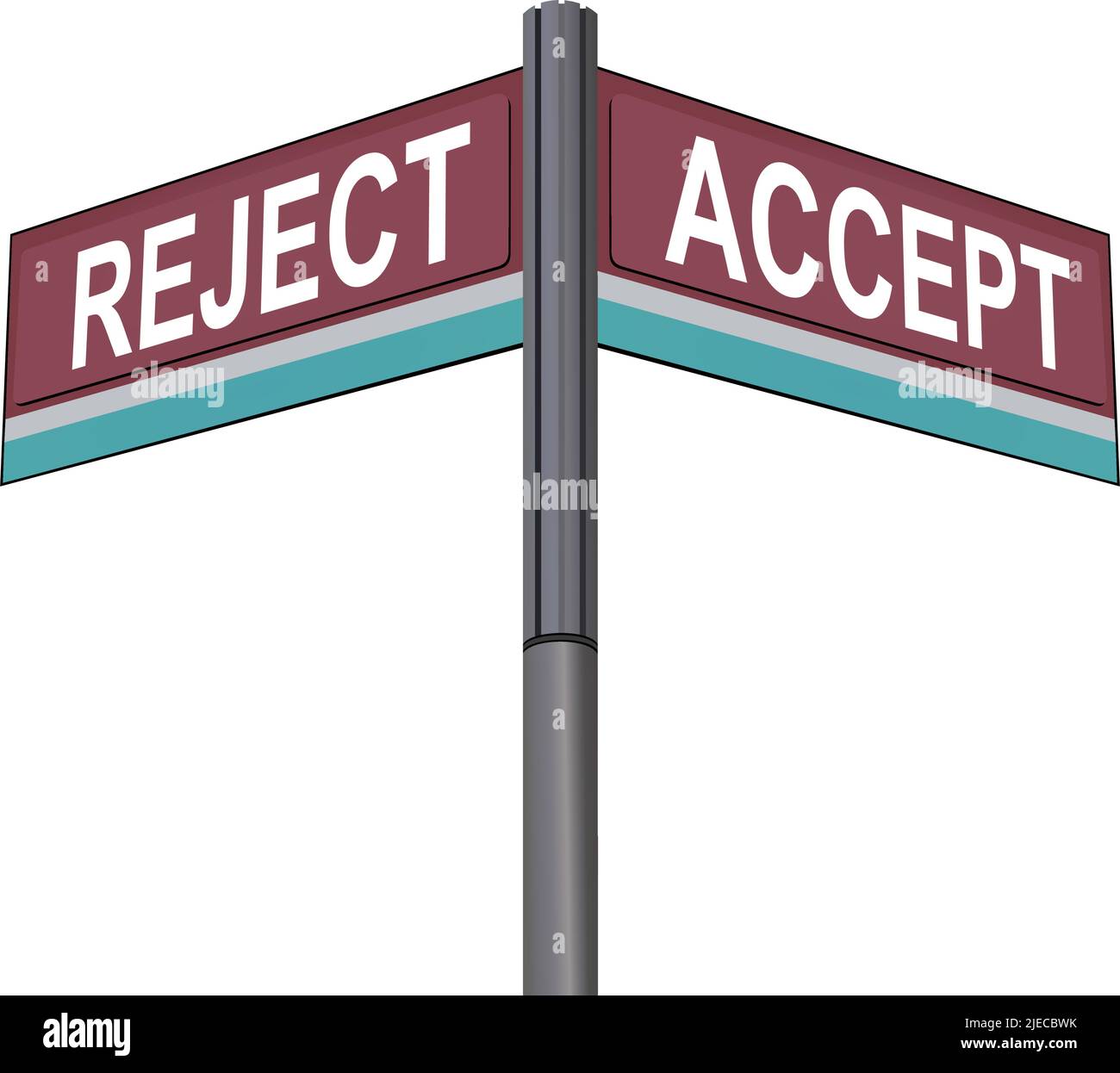 Reject on one side with Accept another direction, chrome road sign, with read and green direction arrow labels, White Background. Stock Vector