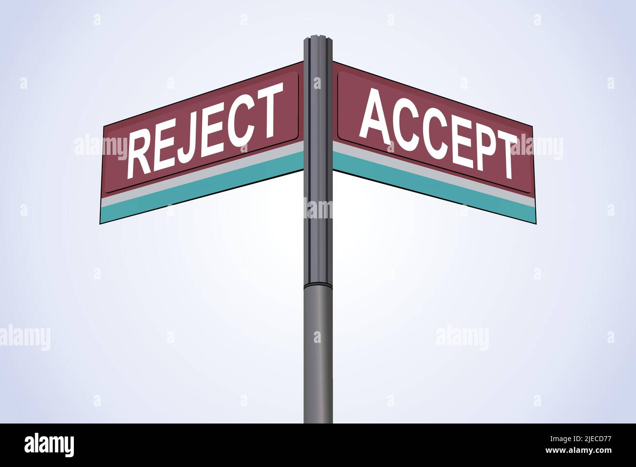Reject on one side with Accept another direction, chrome road sign, with read and green direction arrow labels, Blue Chalk Background. Stock Vector